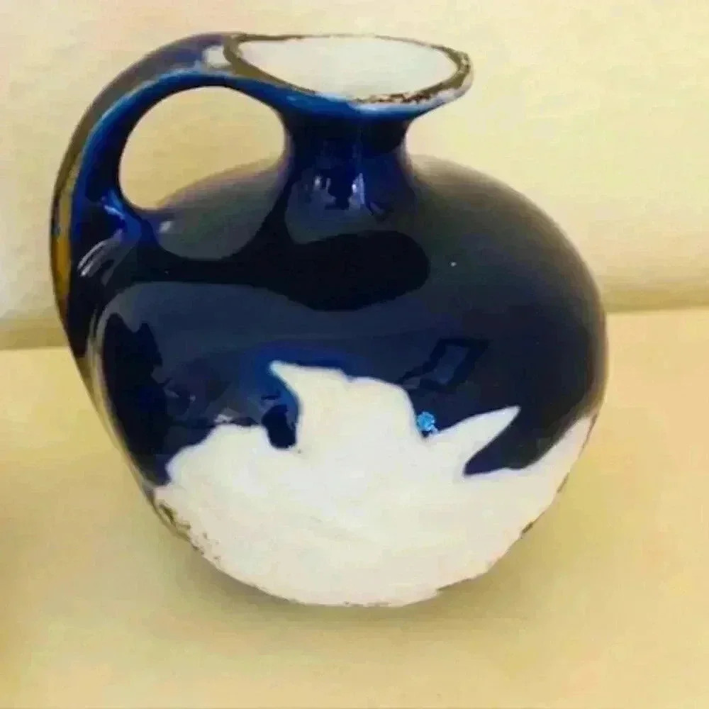 Antique CUPID CHERUB Kissing WOMAN MAIDEN Hand Painted COBALT Vase JUG